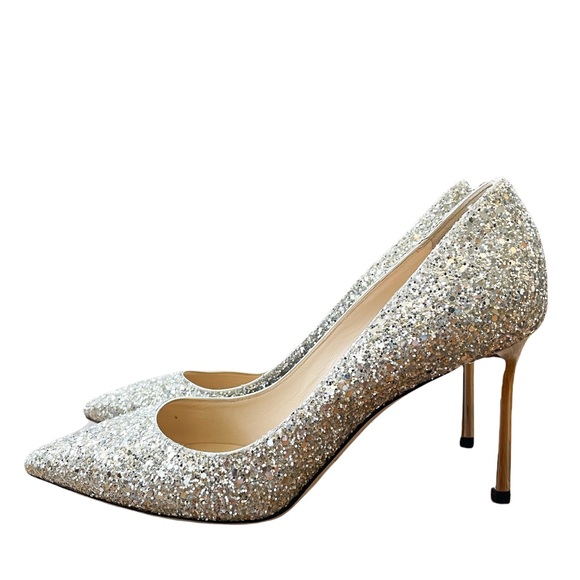 Jimmy Choo Romy 85 Silver Coarse Glitter High Heel Pointed Toe Pumps 37.5 - Picture 10 of 12